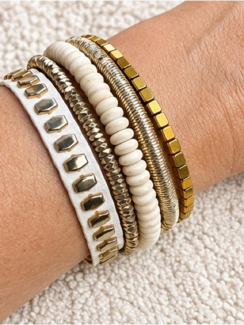Victoria Emerson Multi-Strand Boho Cuff Bracelet | White & Gold Layered